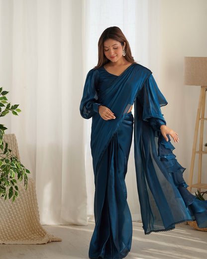 Teal Blue Color Jimmy Choo organza Pre Drapped Saree