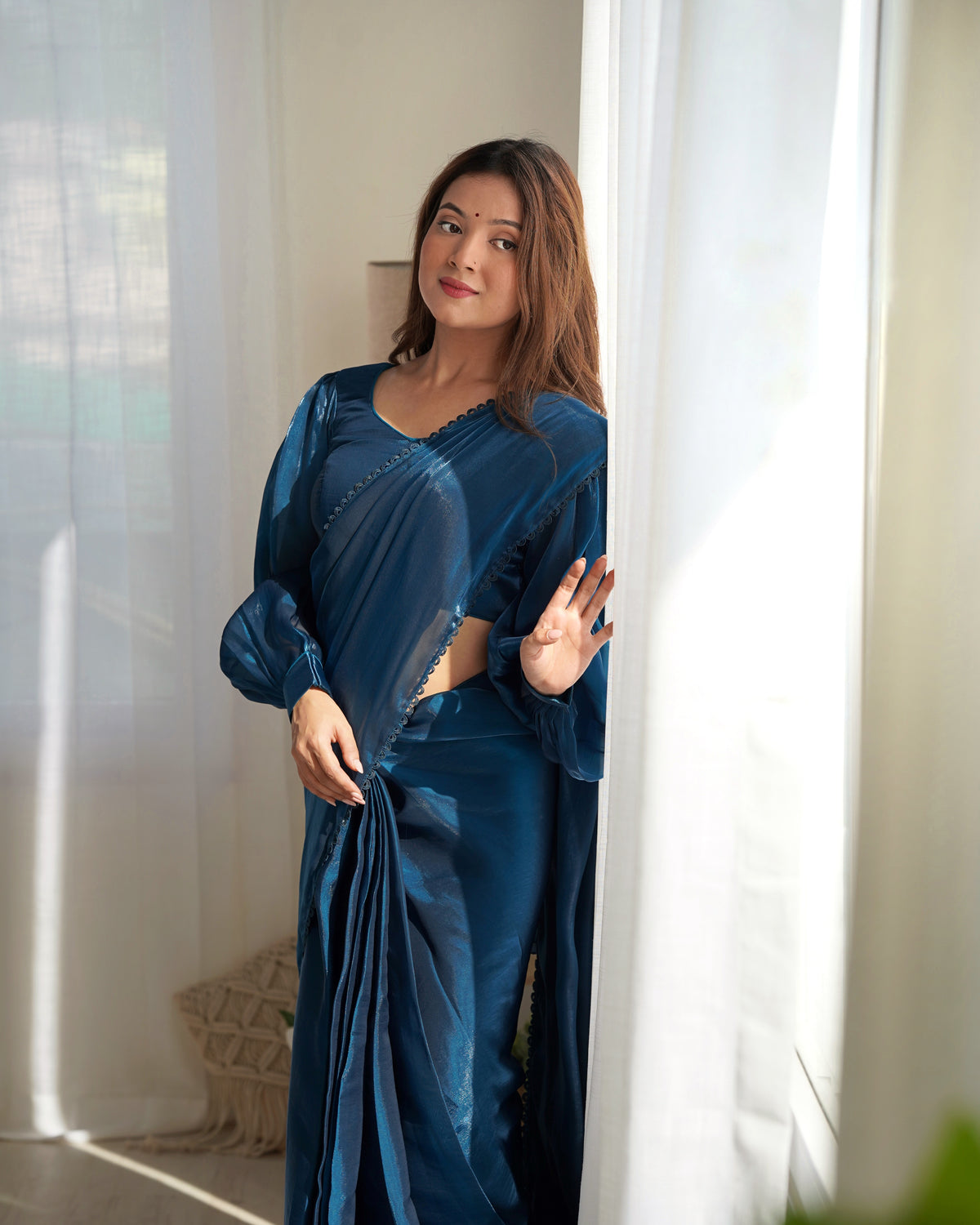 Teal Blue Color Jimmy Choo organza Pre Drapped Saree
