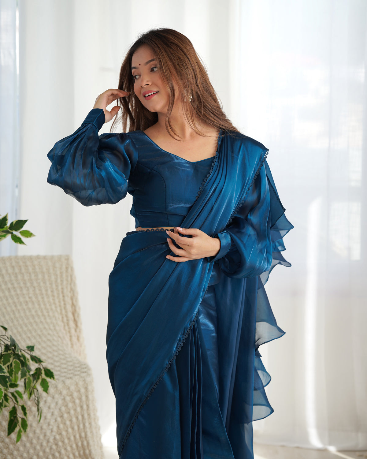 Teal Blue Color Jimmy Choo organza Pre Drapped Saree