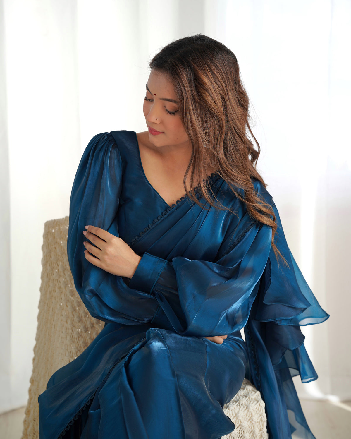 Teal Blue Color Jimmy Choo organza Pre Drapped Saree