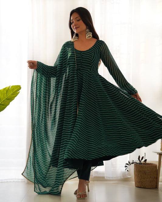 Dark Green Bandhani Striped Anarkali Kurta Set with Dupatta