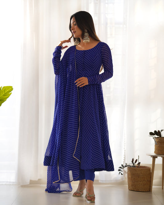 Blue Bandhani Striped Anarkali Kurta Set with Dupatta
