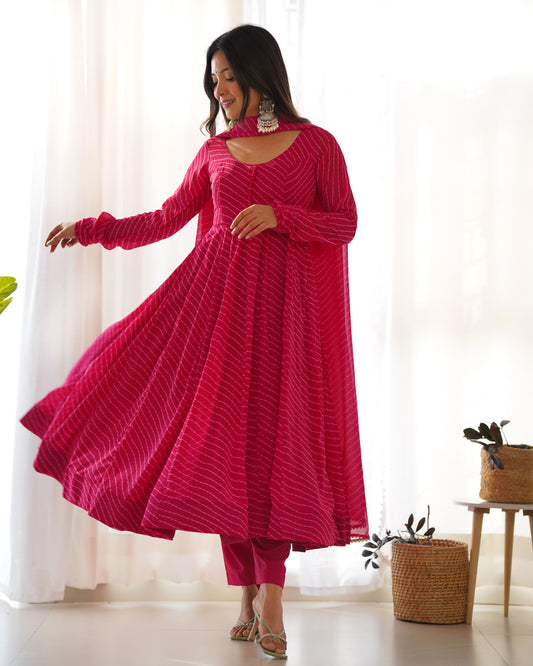 Pink Bandhani Striped Anarkali Kurta Set with Dupatta