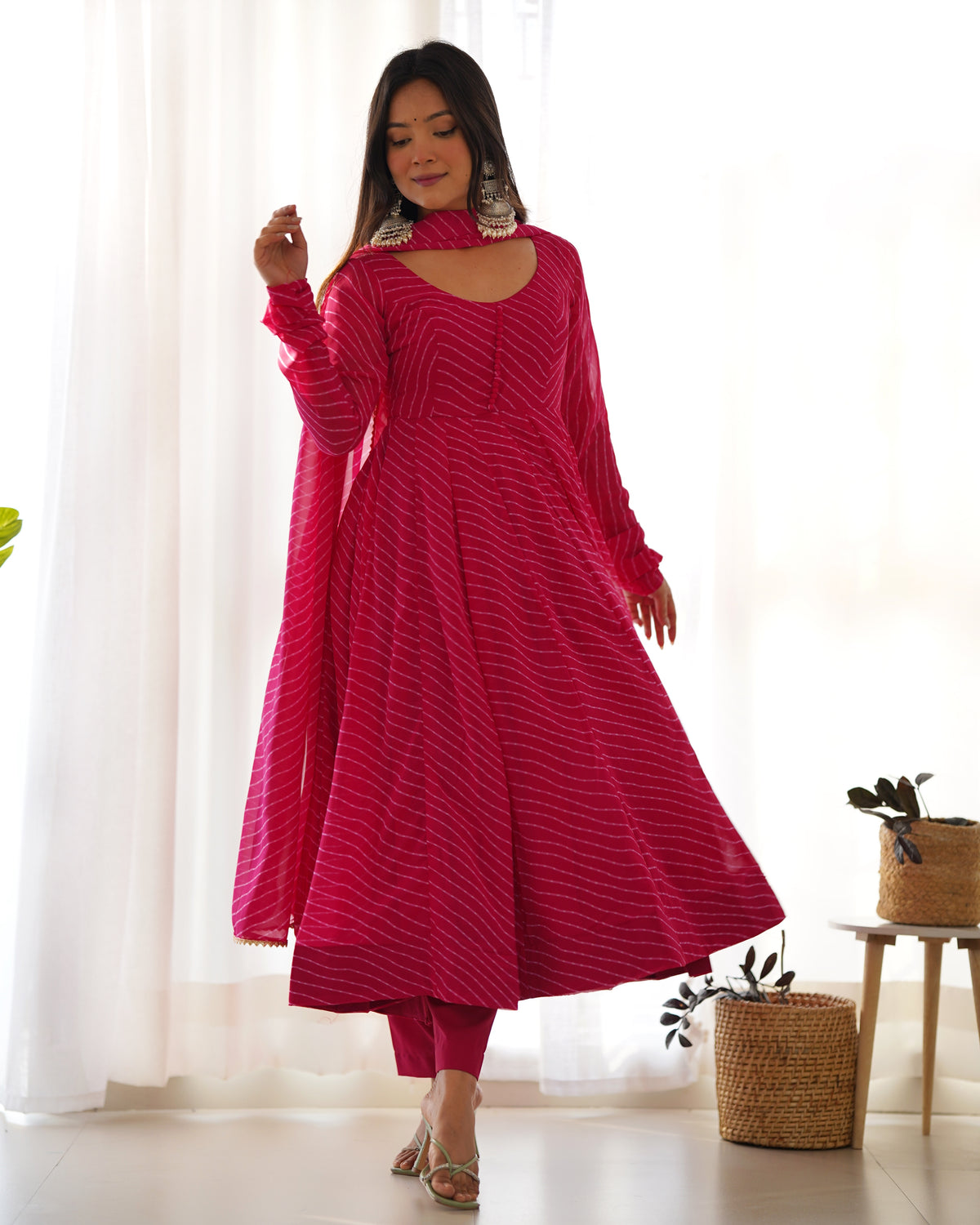 Pink Bandhani Striped Anarkali Kurta Set with Dupatta