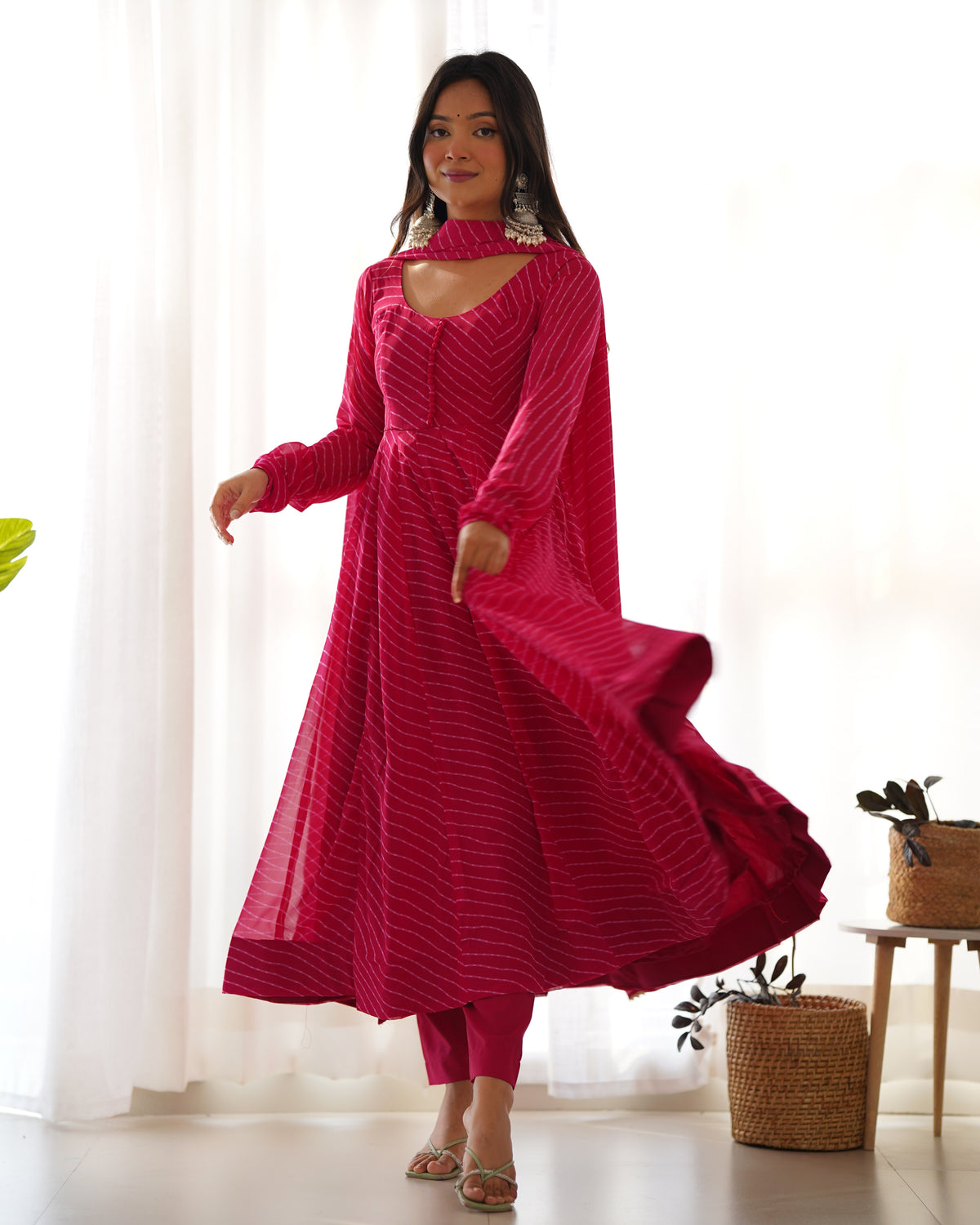 Pink Bandhani Striped Anarkali Kurta Set with Dupatta