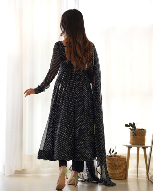Black Bandhani Striped Anarkali Kurta Set with Dupatta