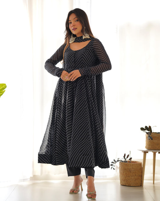 Black Bandhani Striped Anarkali Kurta Set with Dupatta