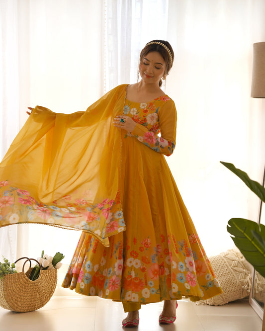 Mustard yellow floral printed Anarkali suit with dupatta
