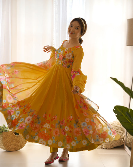 Mustard yellow floral printed Anarkali suit with dupatta