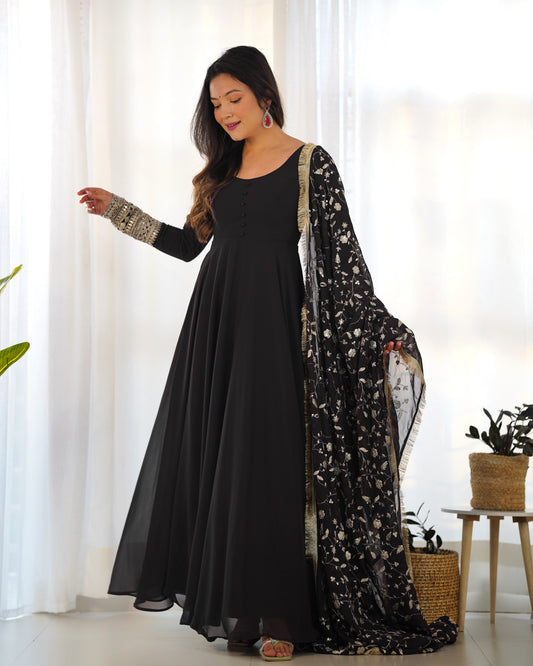 Black Floor Length Anarkali Dress with Golden Embroidered Dupatta