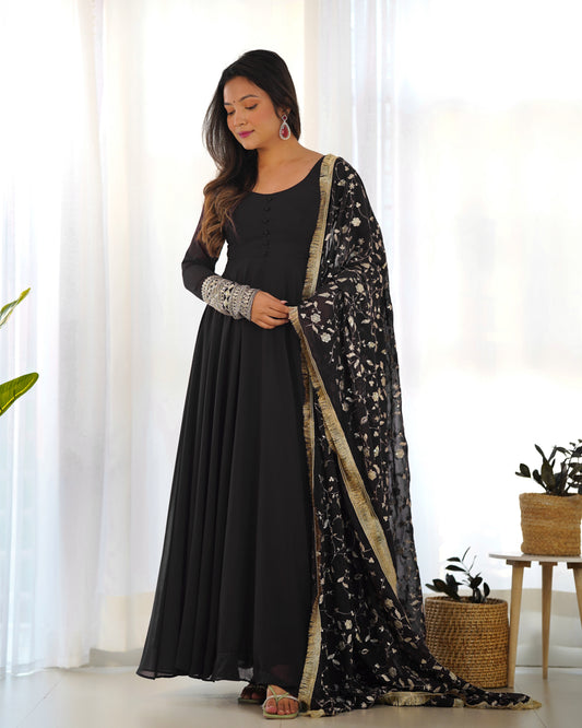 Black Floor Length Anarkali Dress with Golden Embroidered Dupatta