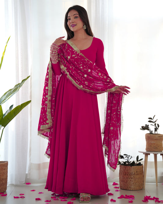 Bright Pink Floor Length Anarkali Dress with Golden Embroidered Dupatta