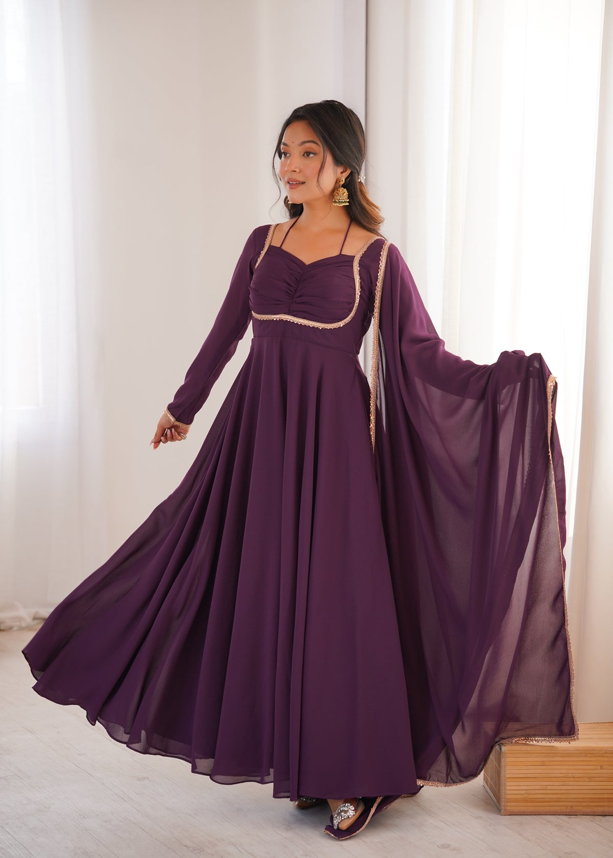 Elegant Mauve Georgette Anarkali Gown with Designer Yoke and Dupatta