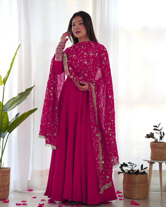 Bright Pink Floor Length Anarkali Dress with Golden Embroidered Dupatta