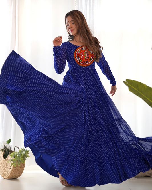 Blue Bandhani Navratri Anarkali gown With gamthi Mirror embroidery