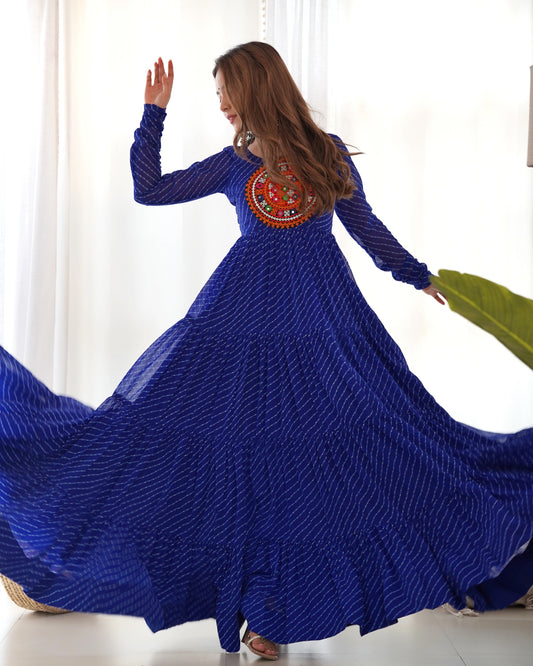 Blue Bandhani Navratri Anarkali gown With gamthi Mirror embroidery