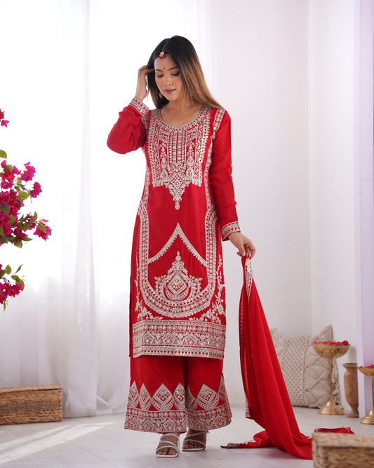 Red Heavy Embroidered Straight Kurta Set with Dupatta