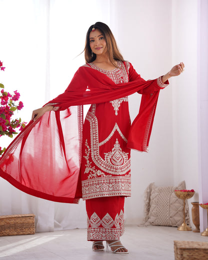 Red Heavy Embroidered Straight Kurta Set with Dupatta