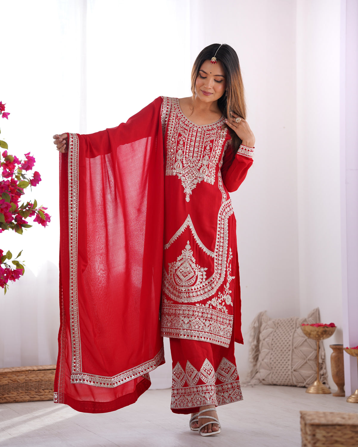 Red Heavy Embroidered Straight Kurta Set with Dupatta