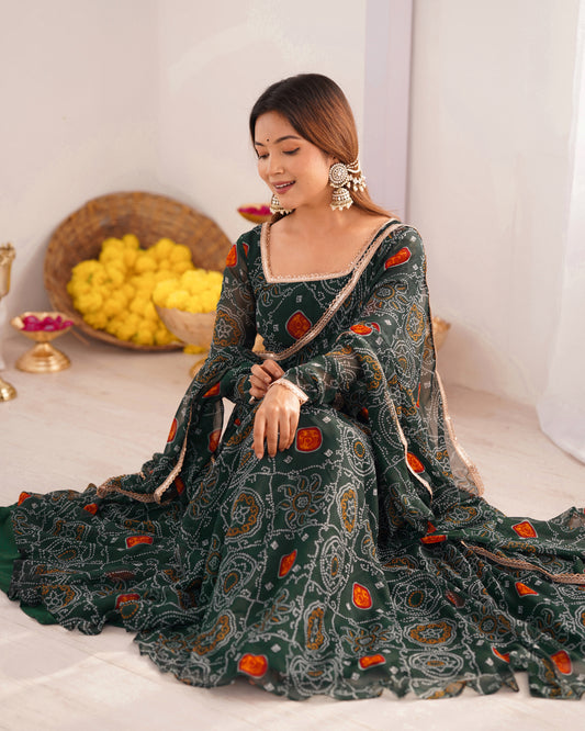 Deep green bandhani anarkali suit with matching dupatta