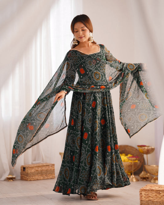 Deep green bandhani anarkali suit with matching dupatta