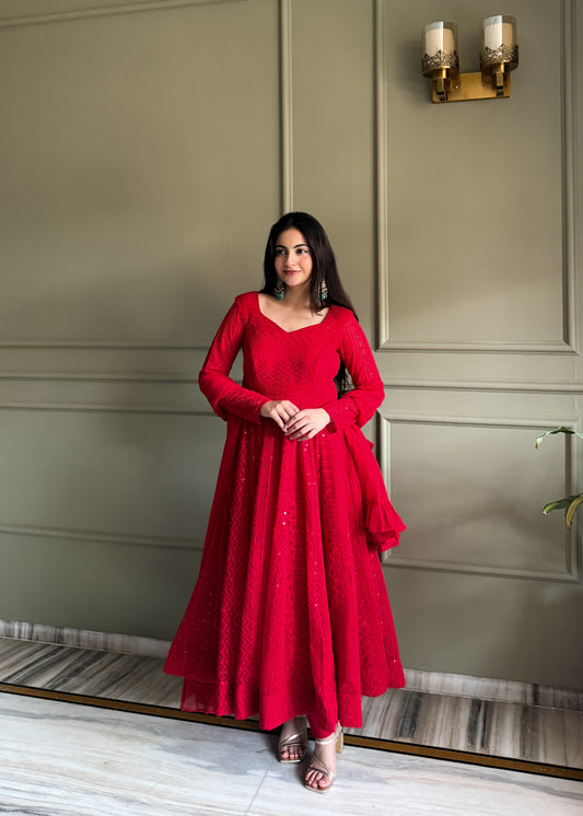 Red Lucknowi Anarkali Gown in Soft Georgette with Sequin & Thread Work