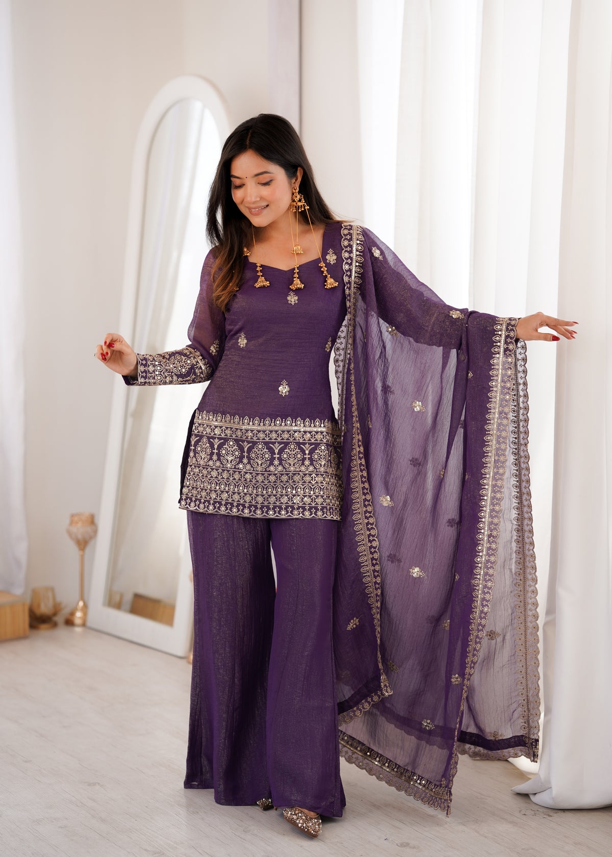Dark Olive Green Crunchy Silk Bell Bottom Suit with Embroidery Sequence & Zari Work