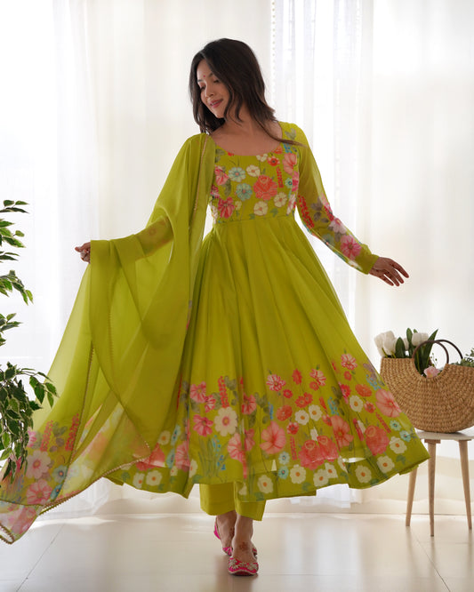 Lime green floral Printed Anarkali suit with dupatta