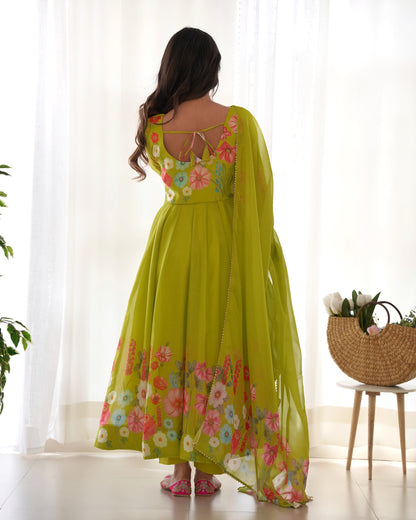 Lime green floral Printed Anarkali suit with dupatta