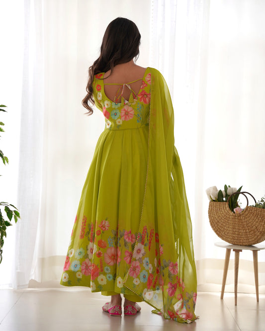 Lime green floral Printed Anarkali suit with dupatta