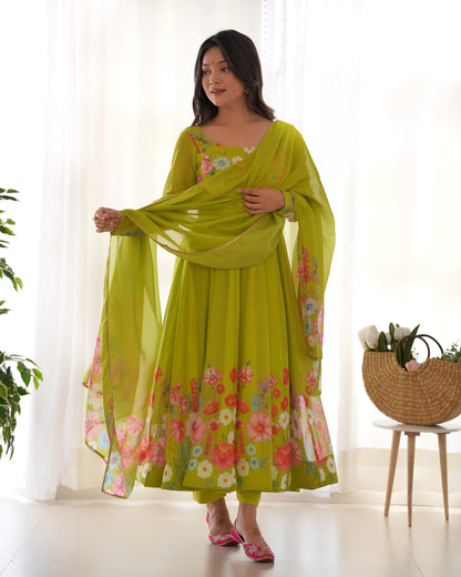 Lime green floral Printed Anarkali suit with dupatta