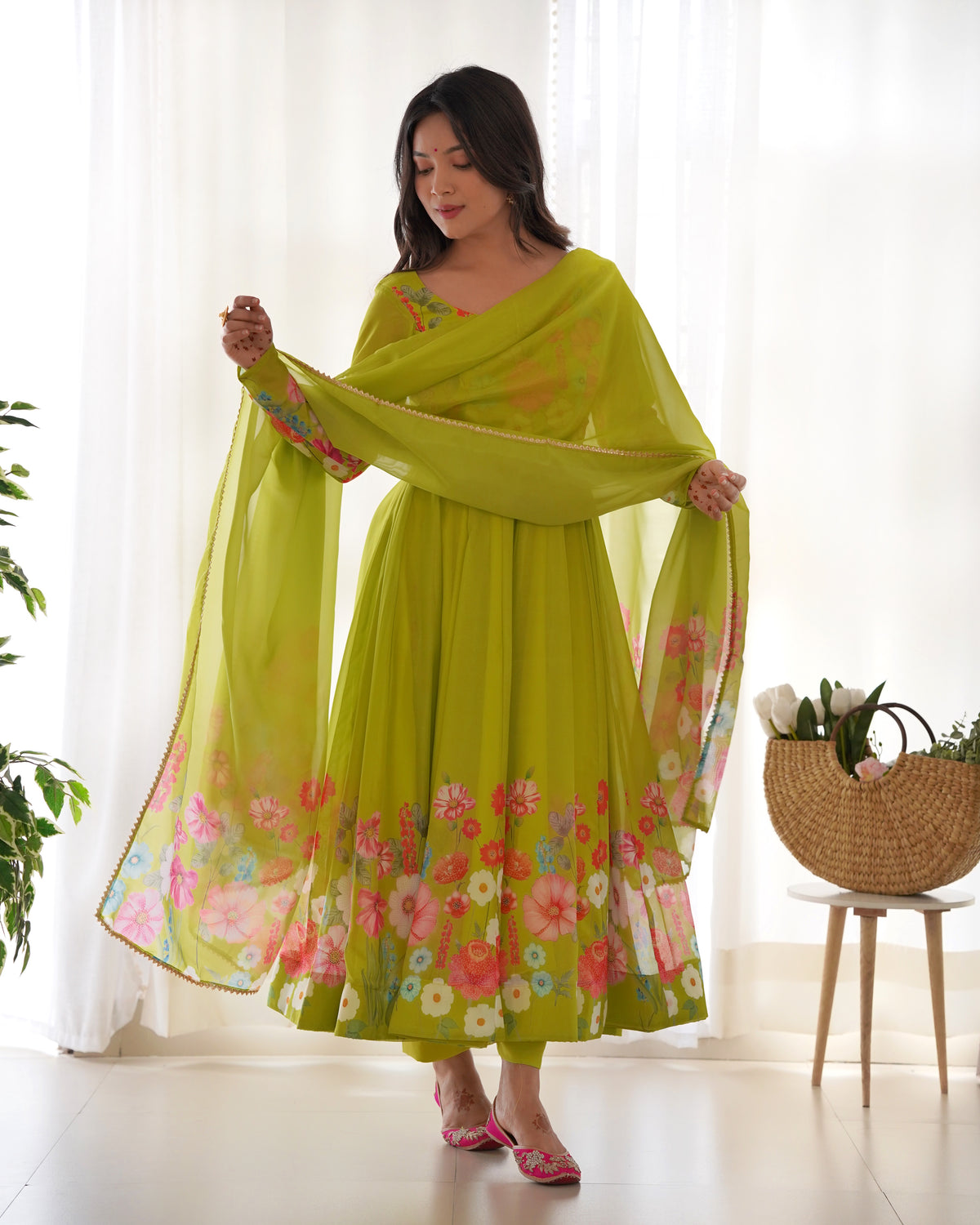 Lime green floral Printed Anarkali suit with dupatta