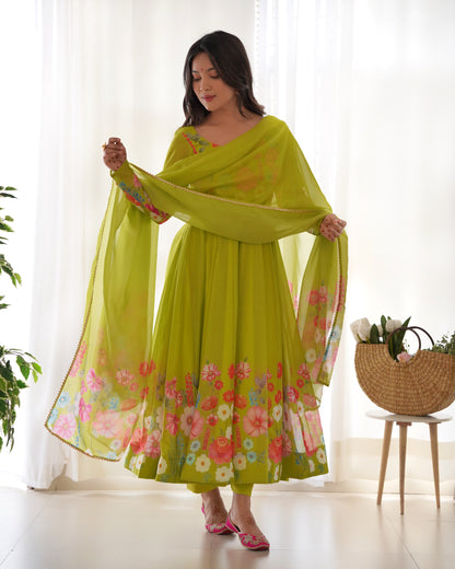 Lime green floral Printed Anarkali suit with dupatta