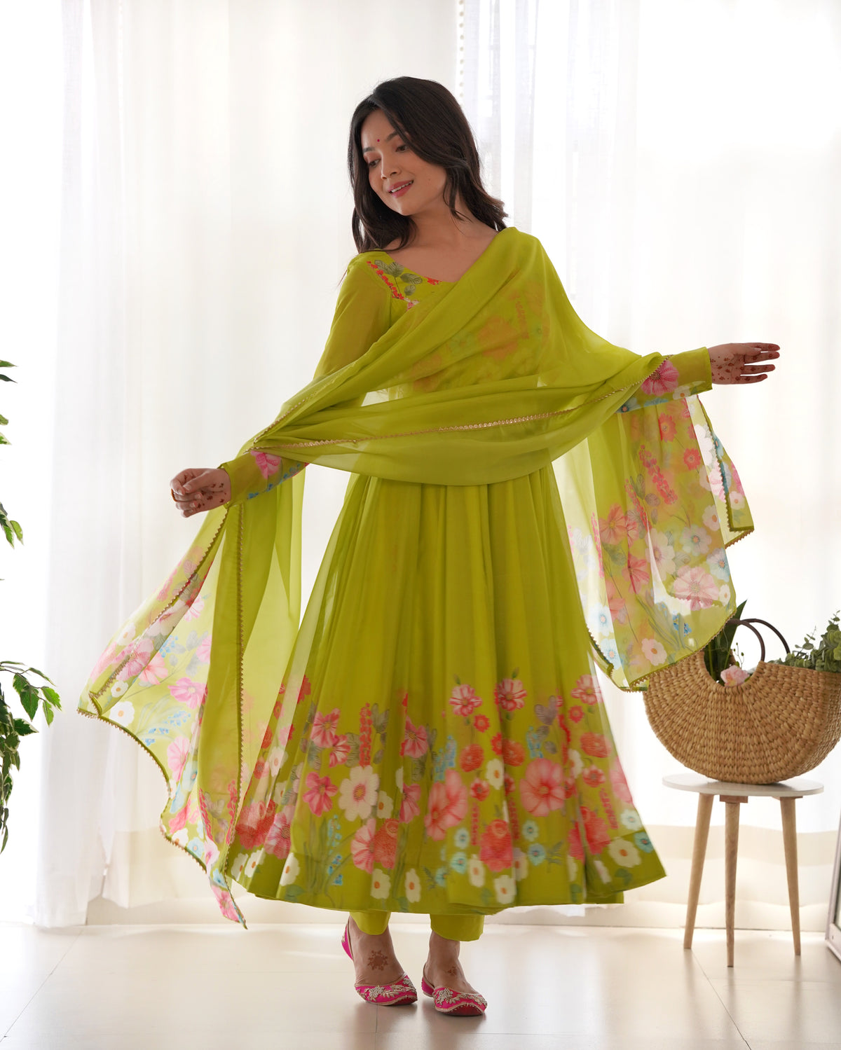 Lime green floral Printed Anarkali suit with dupatta