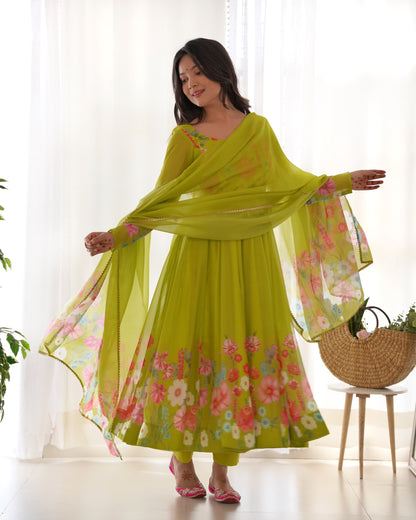 Lime green floral Printed Anarkali suit with dupatta
