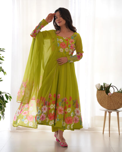Lime green floral Printed Anarkali suit with dupatta