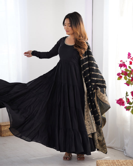 Black Tiered Anarkali Suit with Embroidered Dupatta for Festive