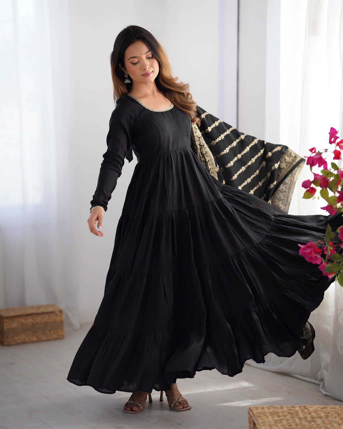 Black Tiered Anarkali Suit with Embroidered Dupatta for Festive