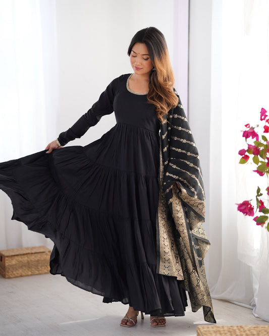 Black Tiered Anarkali Suit with Embroidered Dupatta for Festive