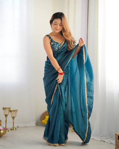 Teal Blue Color Tissue Silk Pre Drapped Saree