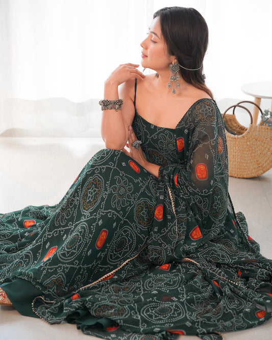 Dark Green bandhani anarkali suit with matching dupatta
