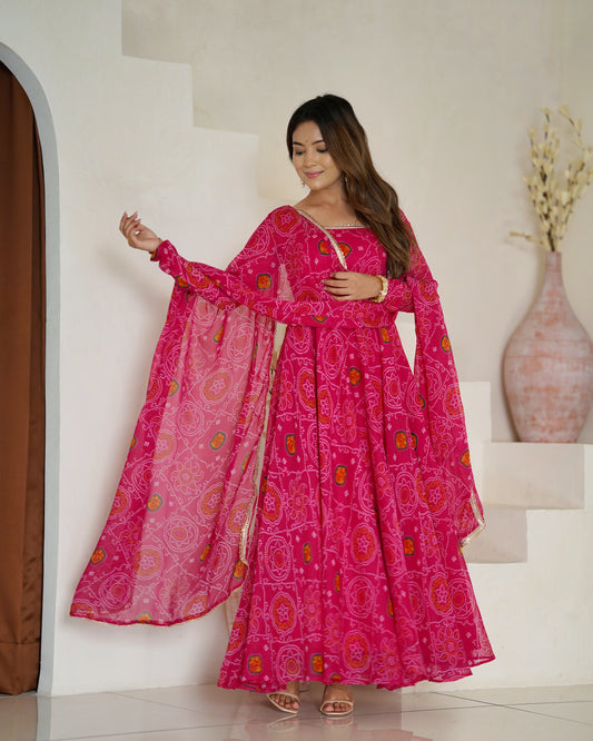 Rani pink bandhani anarkali suit with matching dupatta