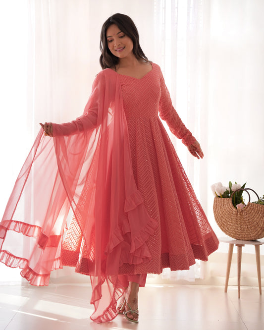 Peach pink georgette Anarkali suit with ruffle dupatta