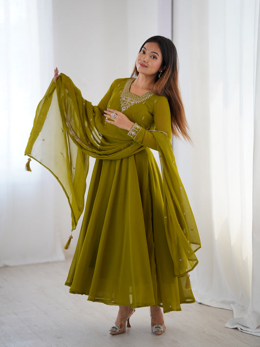 Elegant Olive Green Anarkali Suit with Embroidery and Dupatta