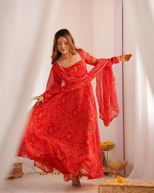 Red bandhani anarkali suit with matching dupatta