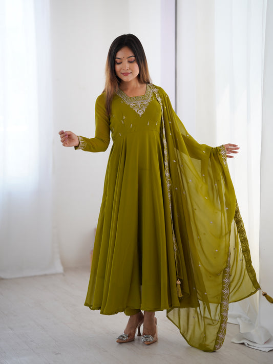 Elegant Olive Green Anarkali Suit with Embroidery and Dupatta