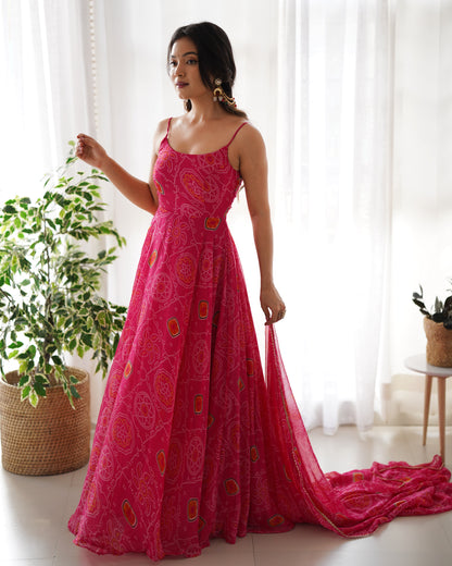Pink bandhani anarkali suit with matching dupatta