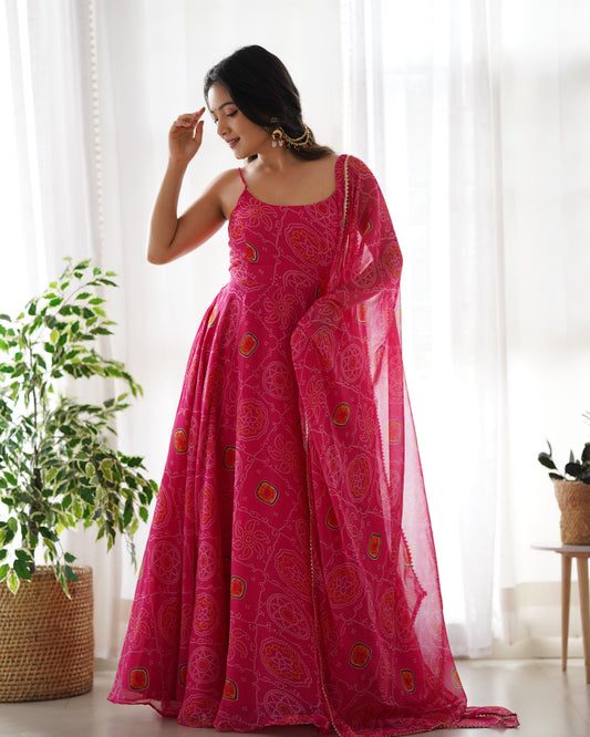 Pink bandhani anarkali suit with matching dupatta