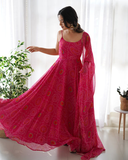 Pink bandhani anarkali suit with matching dupatta