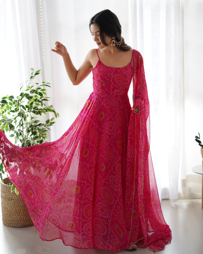 Pink bandhani anarkali suit with matching dupatta